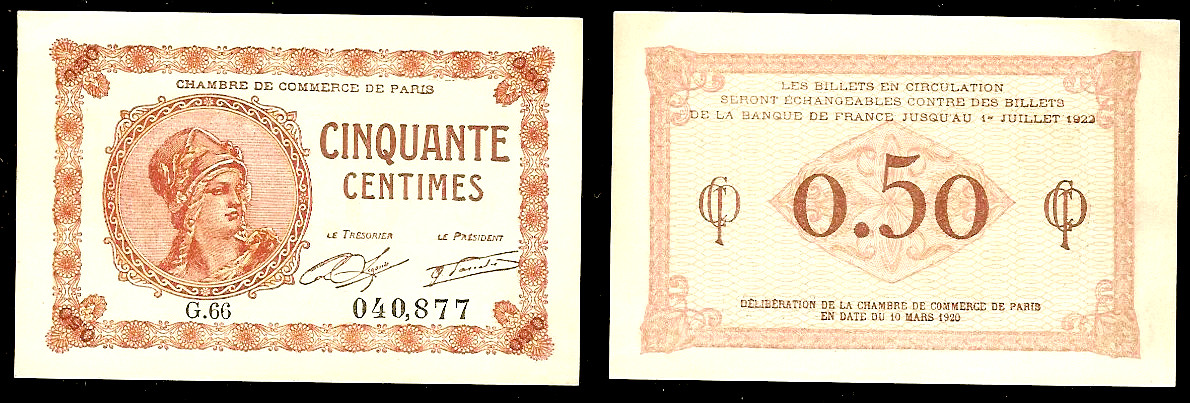 50 centimes Emergency issue Paris 1920 New